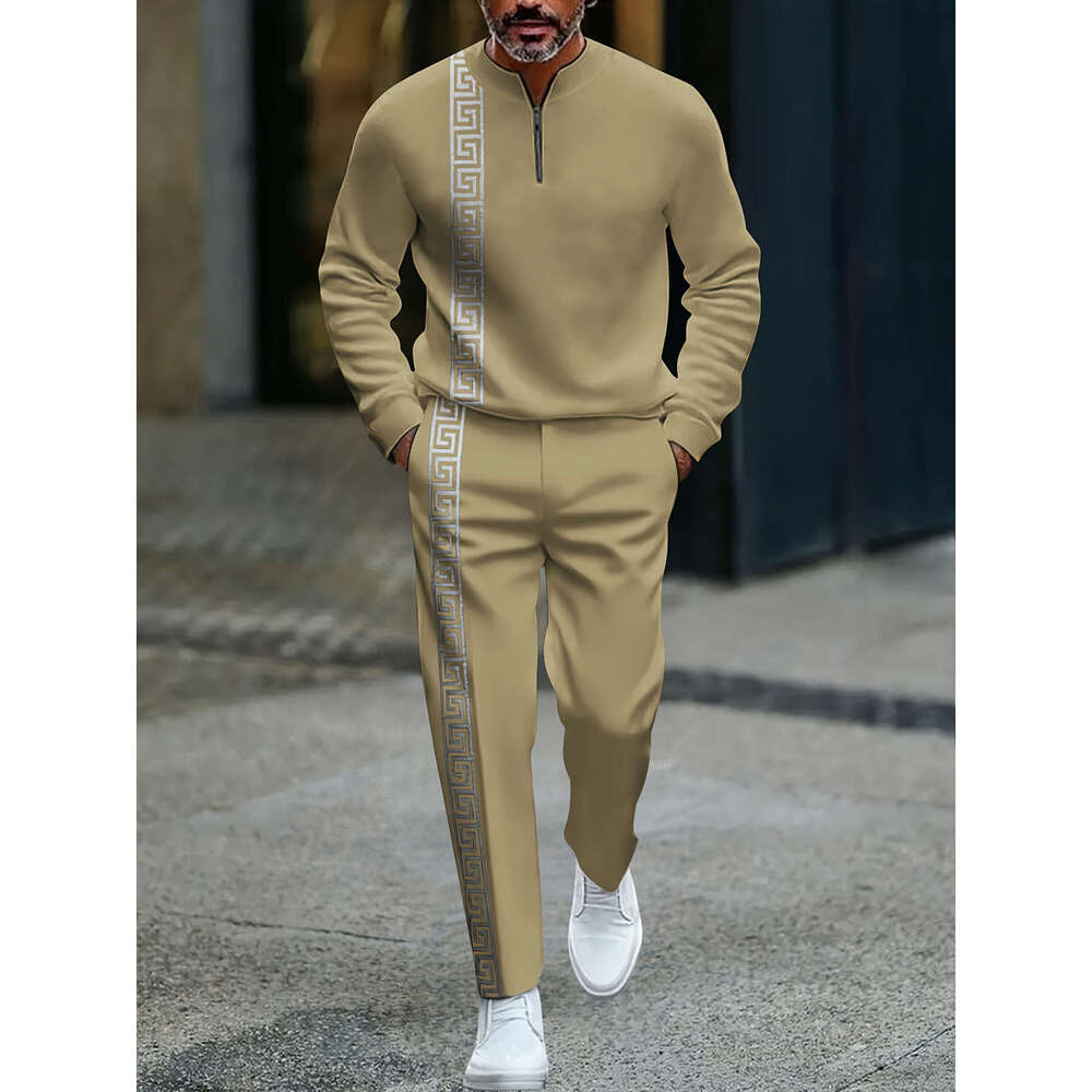 2025 European And American Amazon New Half-Open Zipper Pullover Casual Fashion Men's Sleeve Long Pants Set