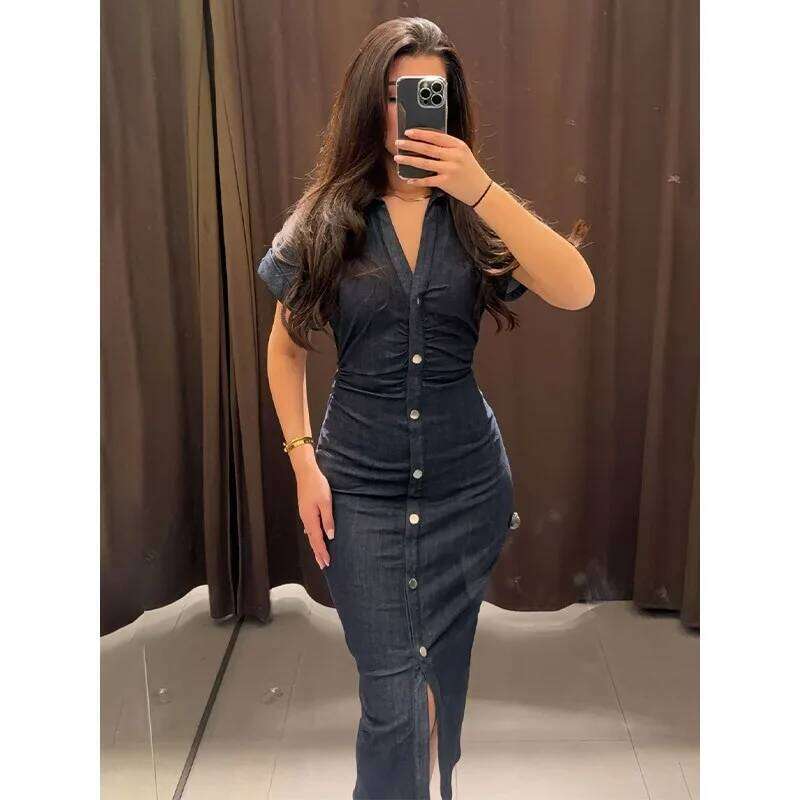 New Long Dresses 2025 Woman Fashion Summer V-neck Single Breasted Slim Fit Denim Skirts Women's Clothing Tops C260312
