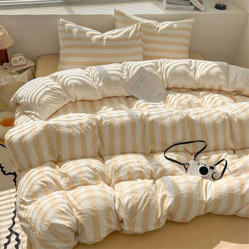 Washed Cotton Double Yarn Crepe Striped Quilt Set 3-4 Pillowcase with Sheet Bedding Cover Supplies 200x230 220x240 Skin Friendly H260312