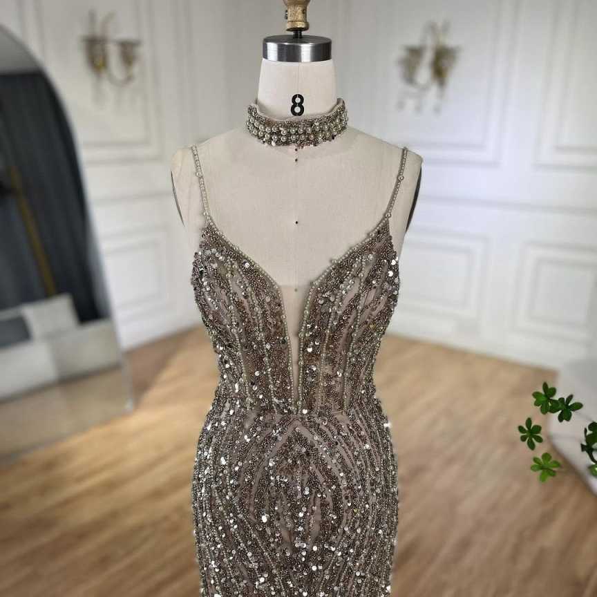 Silver Nude Mermaid Spaghetti with split Strap Beaded Evening Dresses Prom Gowns For Party Customized