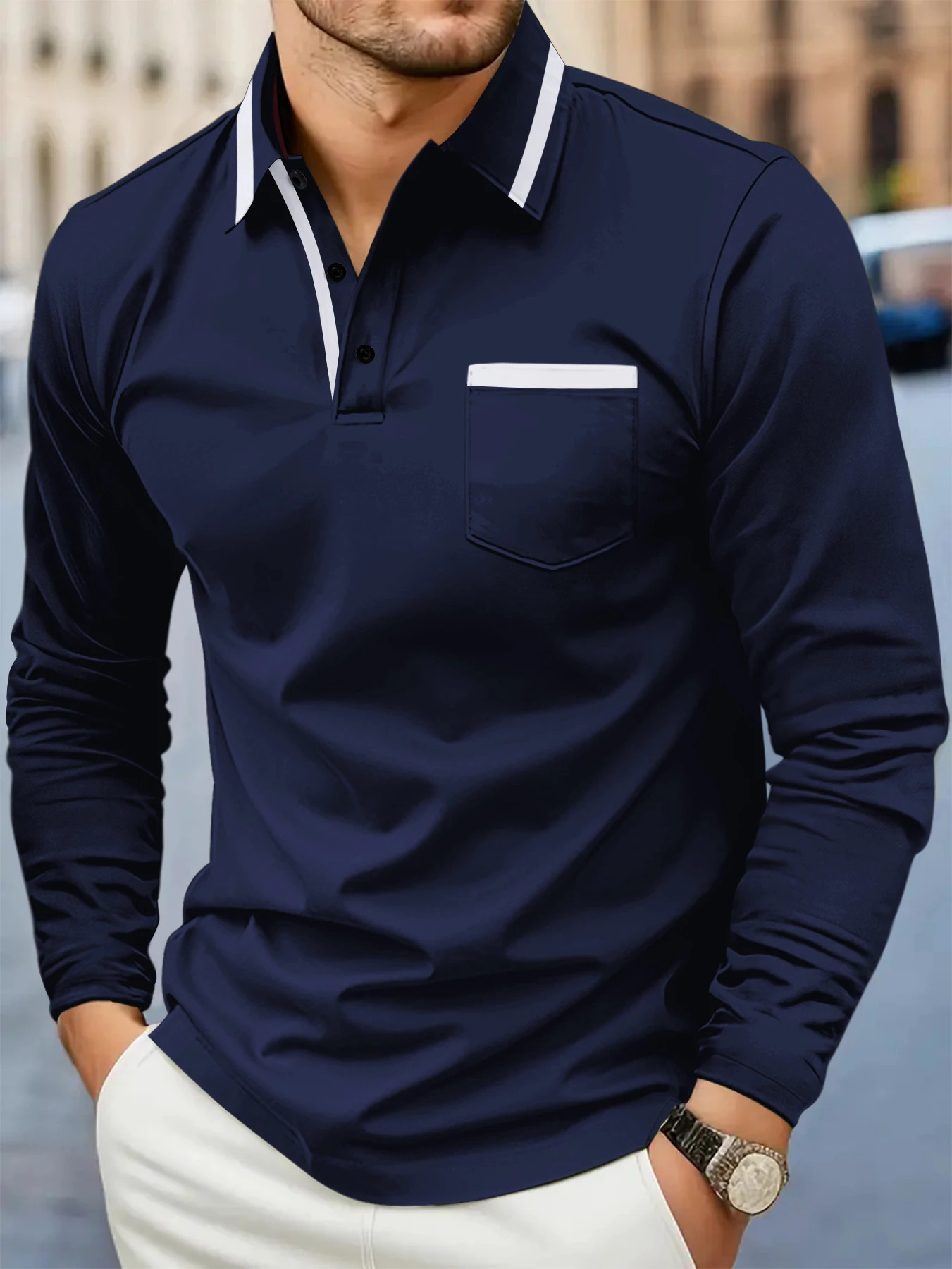 Spring and fall -selling fashion golf mens lapel pocket comfortable casual sports solid color long sleeve breathable top 260311