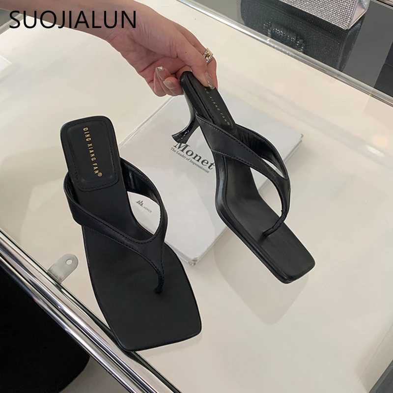 SUOJIALUN 2024 Summer New Women Slipper Fashion Narrow Band Ladies Thin High Heel Outdoor Dress Sandal Elegant Dress Flip Flops K260312