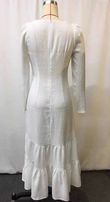 2025 Autumn Vintage U Neck Button Pleated Woman Fashion Solid Split Boho Long Sleeve Slim Maxi Dress Vestidos C260312