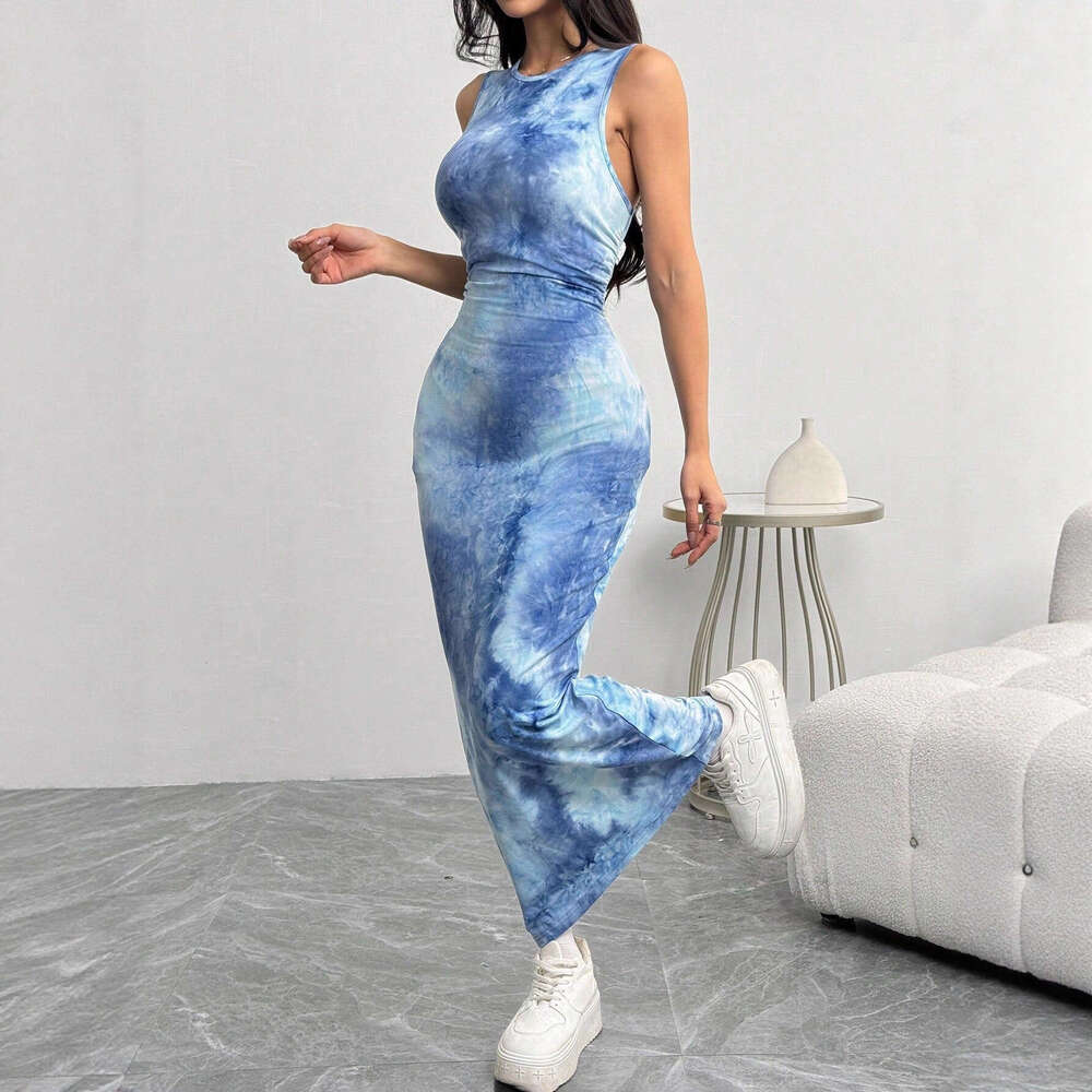 In Stock European and American 2025 Spring Summer Export Women's Sexy Sleeveless Printed Mid-Length Slim Fit Tank Dress for Women