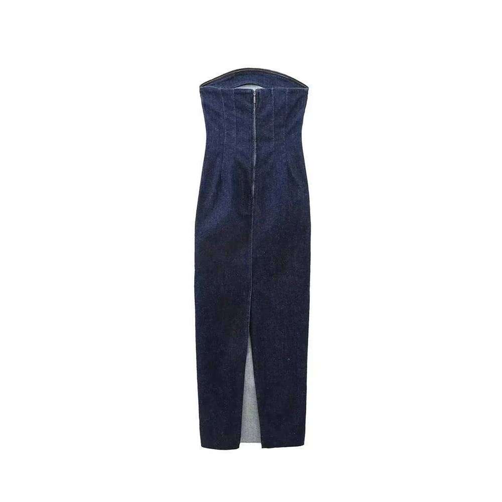 Nlzgmsj 2024 Women Elegant Strapless Back Zipper Slit Dresses Summer Female Off Shoulder Backless Denim Long Dress C260311
