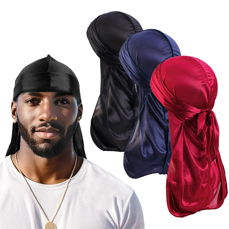3PCS/LOT Mens Silky Durag Shower Cap Bandana Satin Du Rag Doo Rag Outdoor Travel Street Long Tail Wave Cap Bathroom Accessories 260304