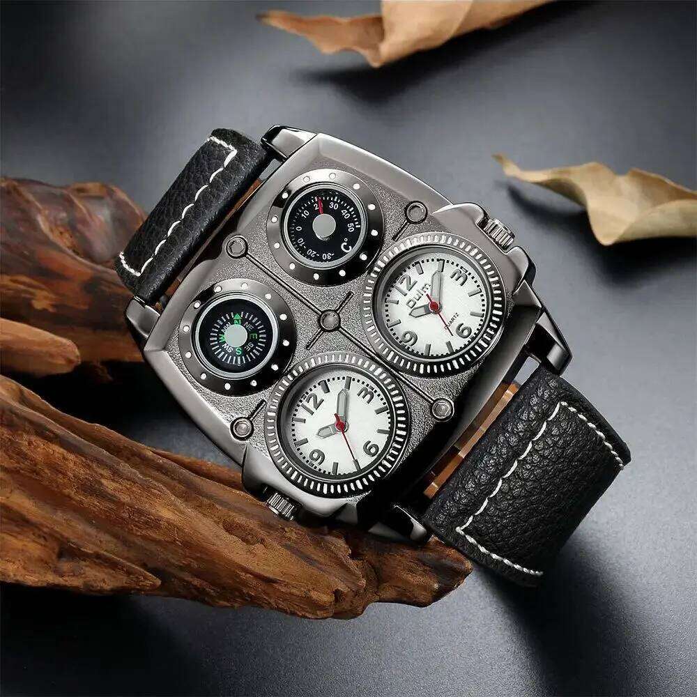 Oulm Fashion Casual Cool Streetstyle Watch Double Time Zone Large Dial Luminous Leather Strap Men's Quartz Watches reloj