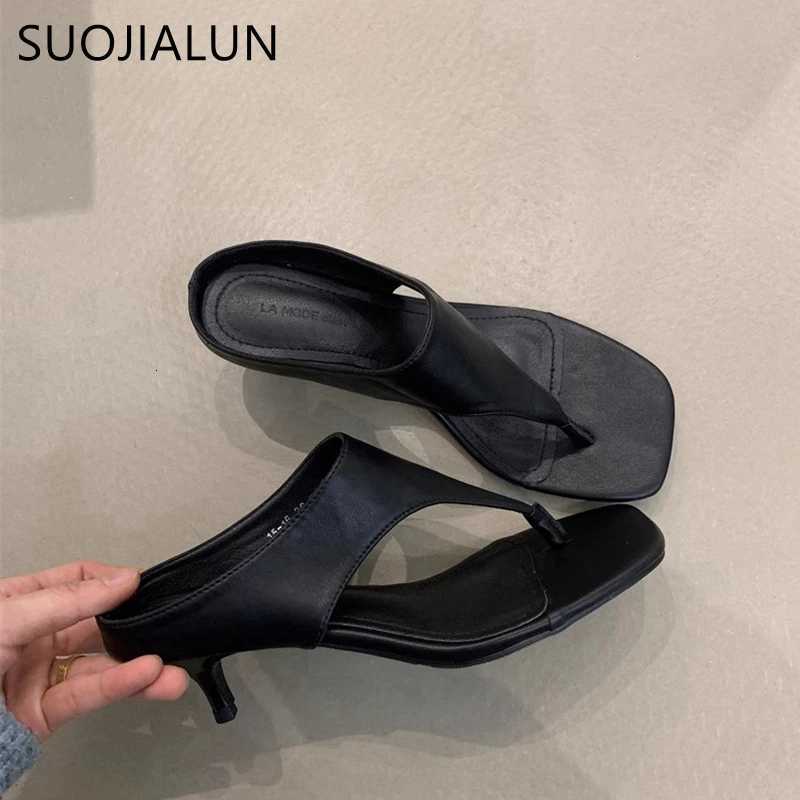 SUOJIALUN 2025 Summer New Women Flat Shoes Fashion Square Toe Slip On Flip Flop Shoes Thin High Heel Outdoor Dress Sandal Slides K260312