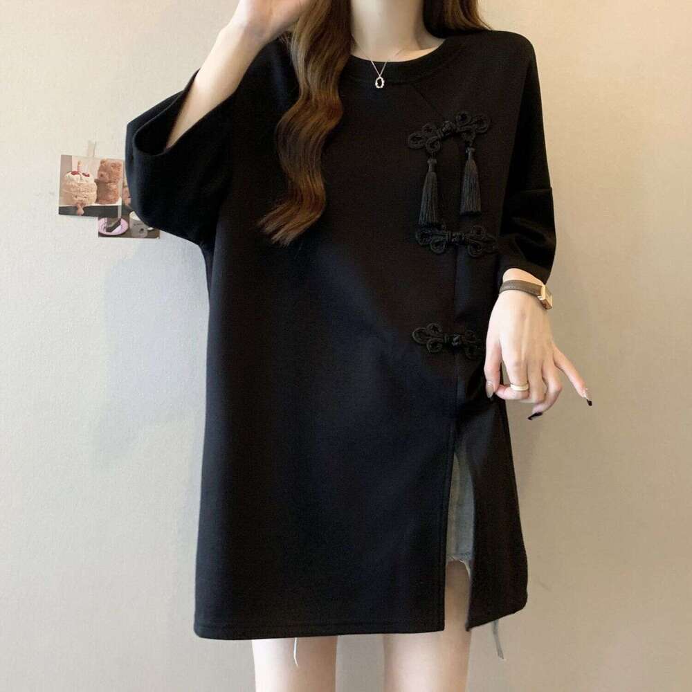 Heavy-Duty Chinese-Style Buttoned Slit Short-Sleeve T-Shirt For Women, 2025 Summer New Style, Loose Fit, Slimming, Extra Large Size 150Kg Top Asia Siz