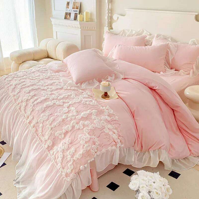 Pink with for Girls Princess Style Duvet Cover Sets Lace Flower Sheet Single/Queen/King Bedding Bed Set H260312