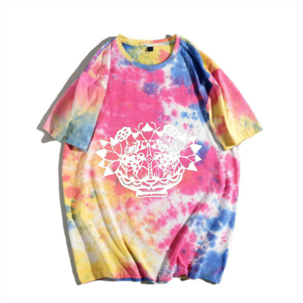 China-Chic new Chinese cornucopia Paper Cuttings tie dyed short sleeved T-shirt rainbow gradual change traditional auspicious pattern printing men