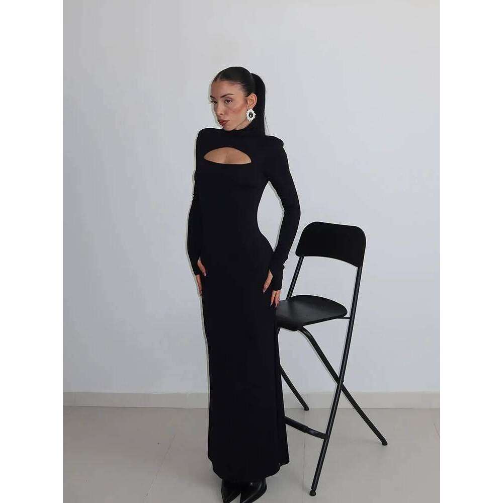 Huhugirl Sexy Sheath Women's Maxi Dresses Solid Turtleneck Regular Long Sleeves Hollow Out Slim Fit Bodycon Party Vestidos Robes C260312