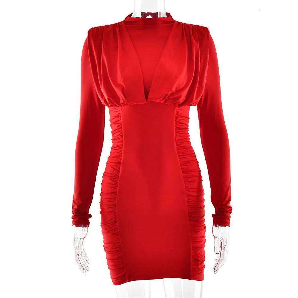 Mozision Long Sleeve Ruched Sexy Mini Dress Women Gown Elegant Red Half High Collar Skinny Club Party Dresses Female Clothes C260312