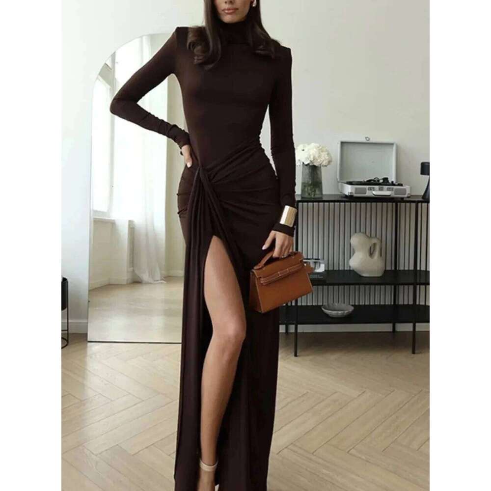 Womens Dresses Autumn and Winter Fashion Sexy High-neck Long-sleeve Solid Color with Waist Tie Club Long Dress C260312
