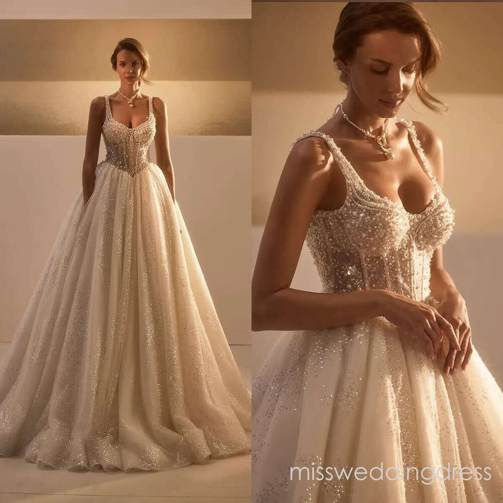 Elegant Pearls Wedding Dresses Sequins Bridal Gowns Spaghetti Straps Backless A Line Sleeveless Customized Bride Vestidos De Novia Plus Size