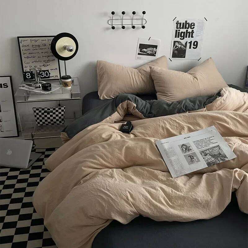 3-4Pcs Cotton Fabric Bedding Set Solid Soft Smooth Bed Sheet Comforter Cover Sets with Fixed Rope Same Color Pillowcase H260312