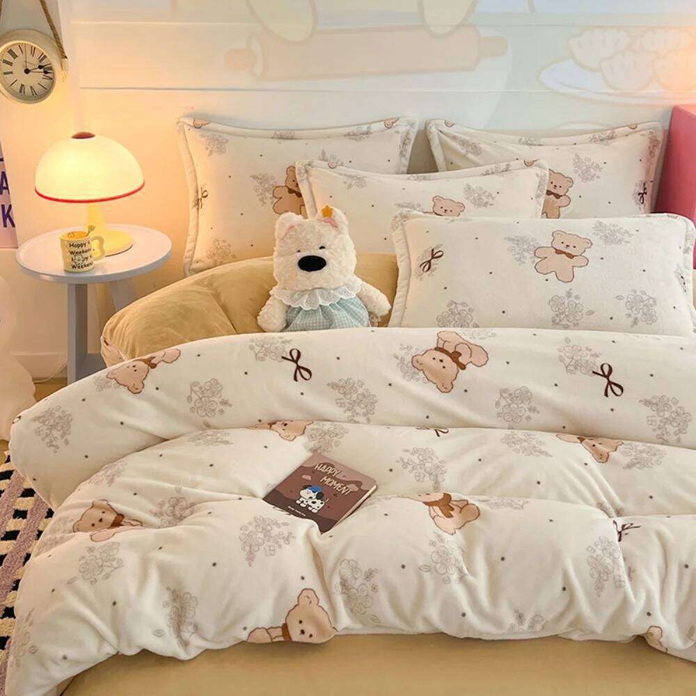 Thickened Winter Warm Bedding Soft Cartoon Printed Milk Velvet Four-Piece Set Bedroom Decor Quilt Cover Bed Sheet Pillowcase H260312