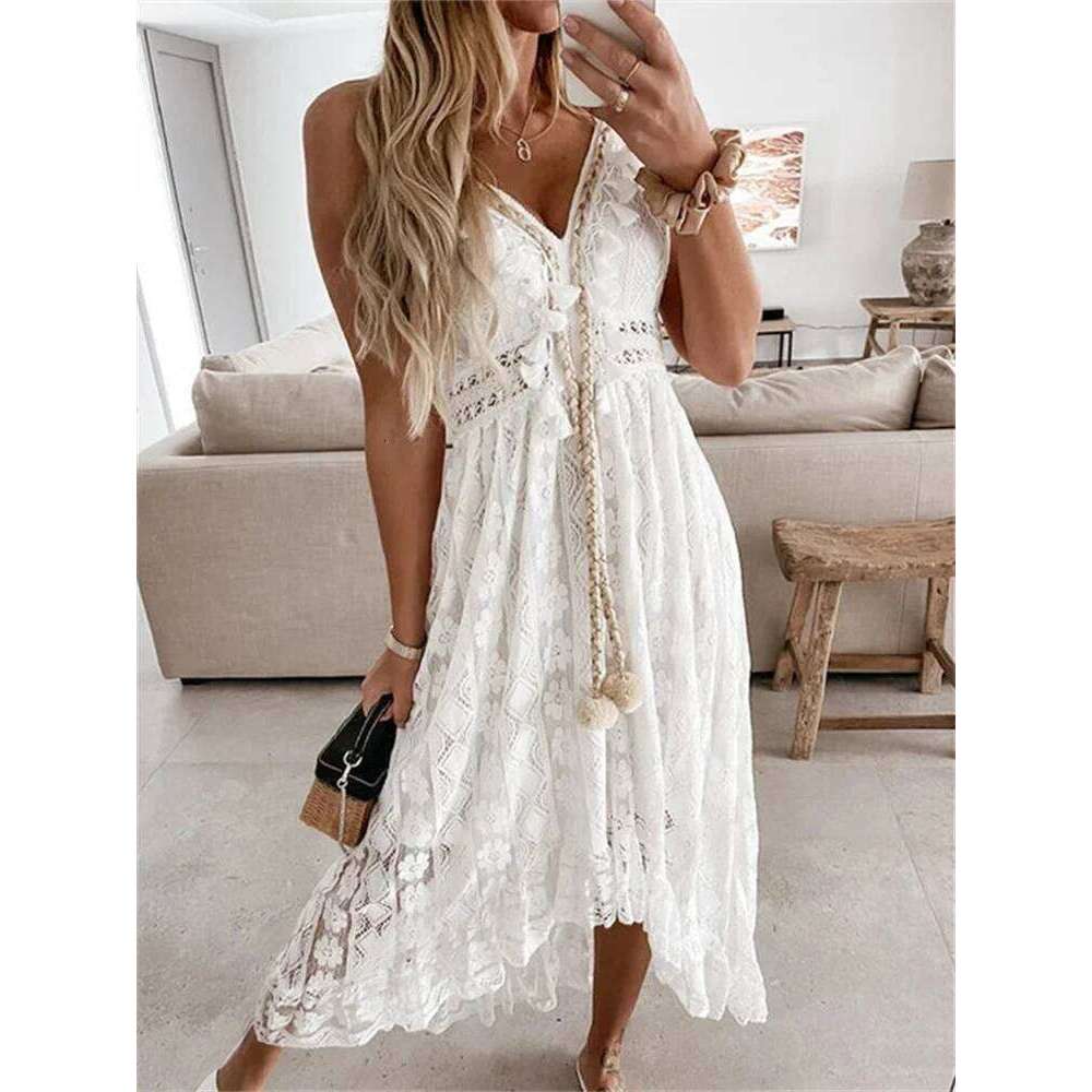 2024 New Women Lace White Long Sleeveless V Neck Flowy Ruffle Dress Summer Bohemian Retro Sexy Beach Holiday Dresses C260312