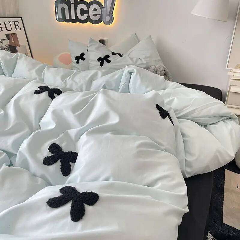 Bedding Set 2024 New Ins Style Minimalist Blue Washing Cotton black bow towel Embroidered Four PIECE Set, 1.5 Bed Sheets H260312