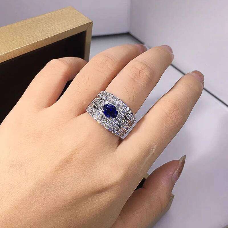 Huitan Sparkling Women Rings with Oval Blue CZ Wide Band Gorgeous Wedding Accessories Silver Color Brilliant Fashion Jewelry H260312