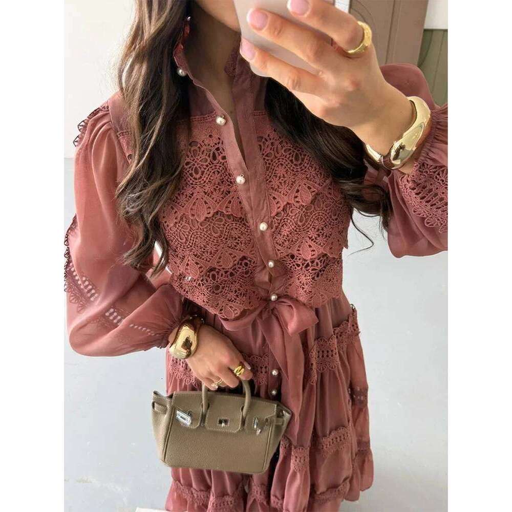 Elegant Hollow Out Women's Long Dresses Lantern Sleeves Lace Up Pearl Single Breasted Dress 2025 Spring Summer Female Solid Robe C260312