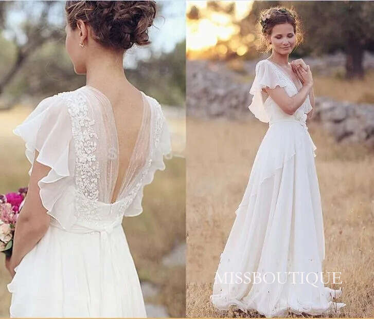2024 Country Bohemia Summer Beach A Line Dresses Chiffon V Neck Short Sleeves Open Back Wedding Gowns Floor Length Boho Bridal Dress 403 B0312