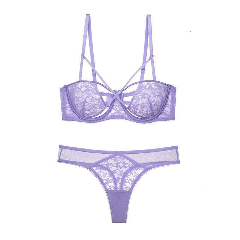 Women Elegant Lace Bra and Panty Set with Criss-Cross Detail Sheer Underwire Lingerie for Confident Everyday Glamour