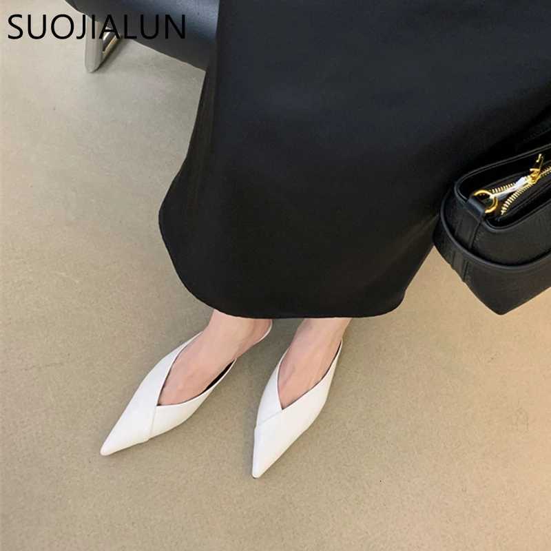 SUOJIALUN 2024 Spring New Women Slipper Fashion Pointed Toe Shallow Slip On Mules Shoes Thin Low Heel Dress Sandal Shoes P K260312