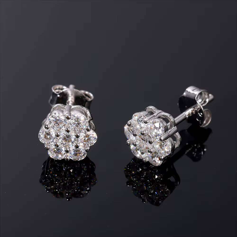 DE Cluster Flower S VVS Men Hiphop Sterling Sier Moissanite Stud Earrings with GRA Certificate