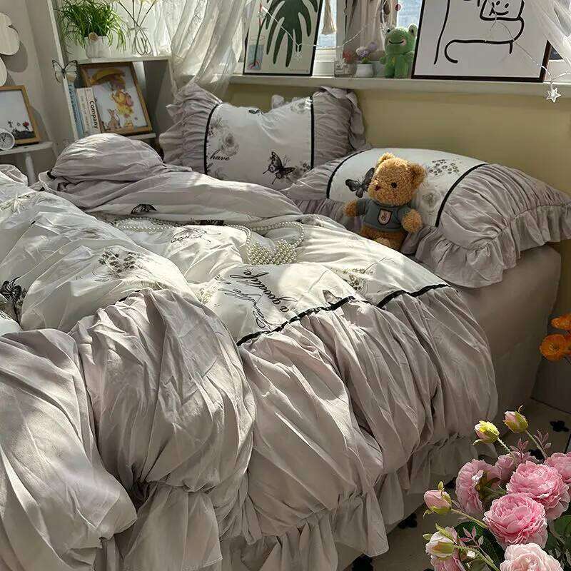 French Vintage Floral Bedding Four-Piece Elegant Flat Bed Sheet Set With 2 Pillowcases Twin Queen Size For Women Girls H260312