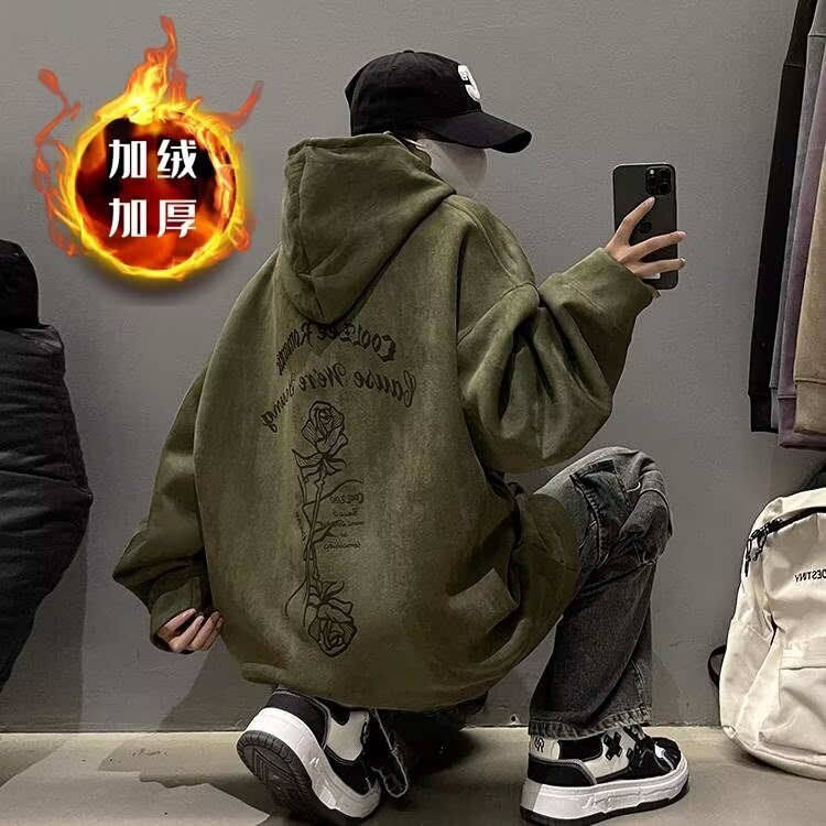Multi-color Suede Fleece-lined Hooded Sweatshirt For Men Spring And Autumn Heavy-duty Stylish Couple's Designer Hoodie Loose Oversized Trendy Jac