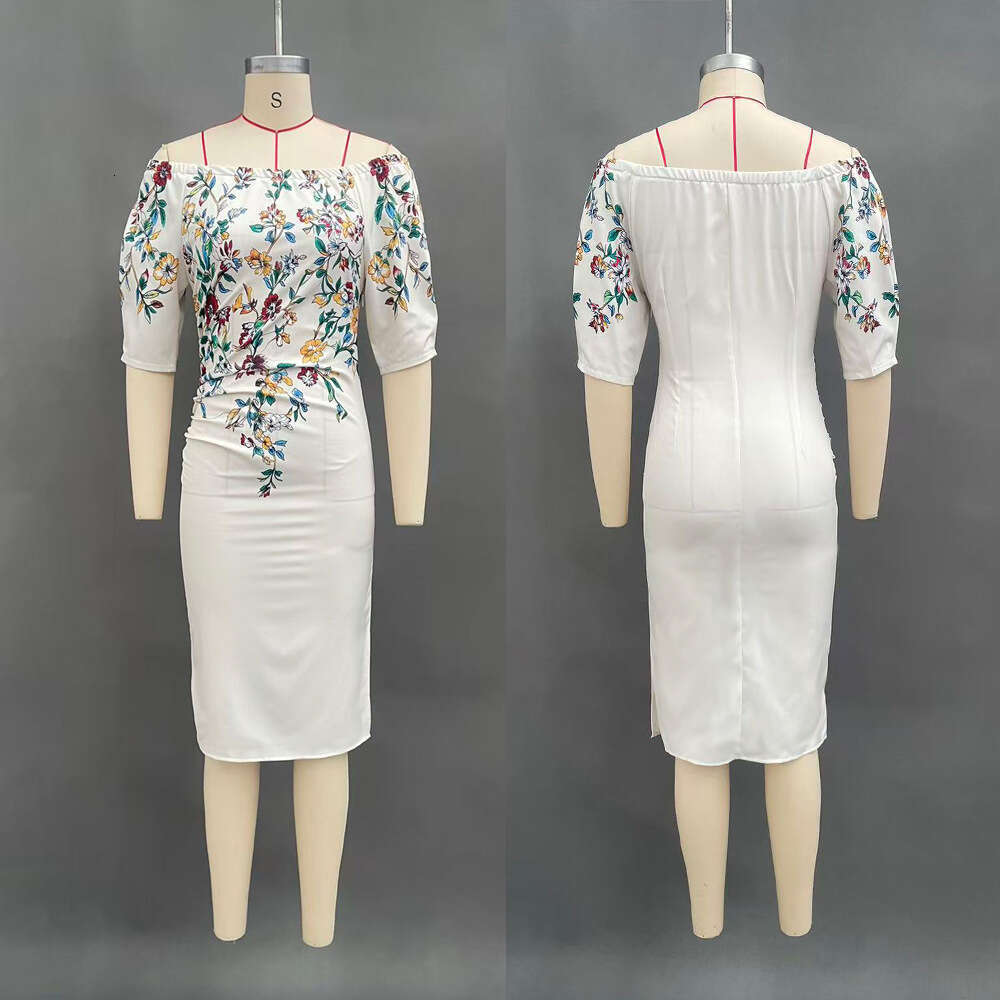 Spring Elegant Floral Print Slim Female Clothing Sexy Slash Neck Hollow Slit Party Dresses Woman Casual Half Sleeve Embroidered Waist-cinching Holiday