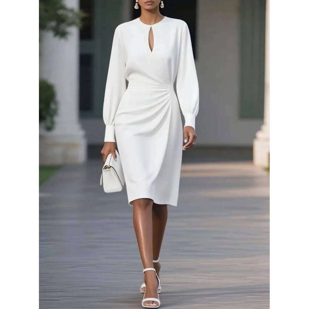 Elegant Woman O Neck Hollow Out Sleeve Office Dress Women Slim A-Line Party Long Dresses C260312