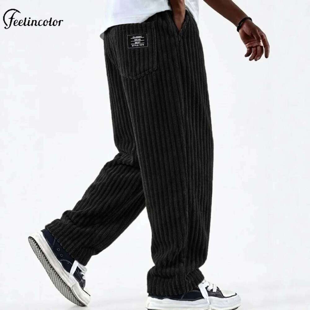 Retro Vertical Striped Men's Pants Corduroy Autumn Casual Pocket Trousers Loose Straight Bottoms Fashion Sports Male Clothing