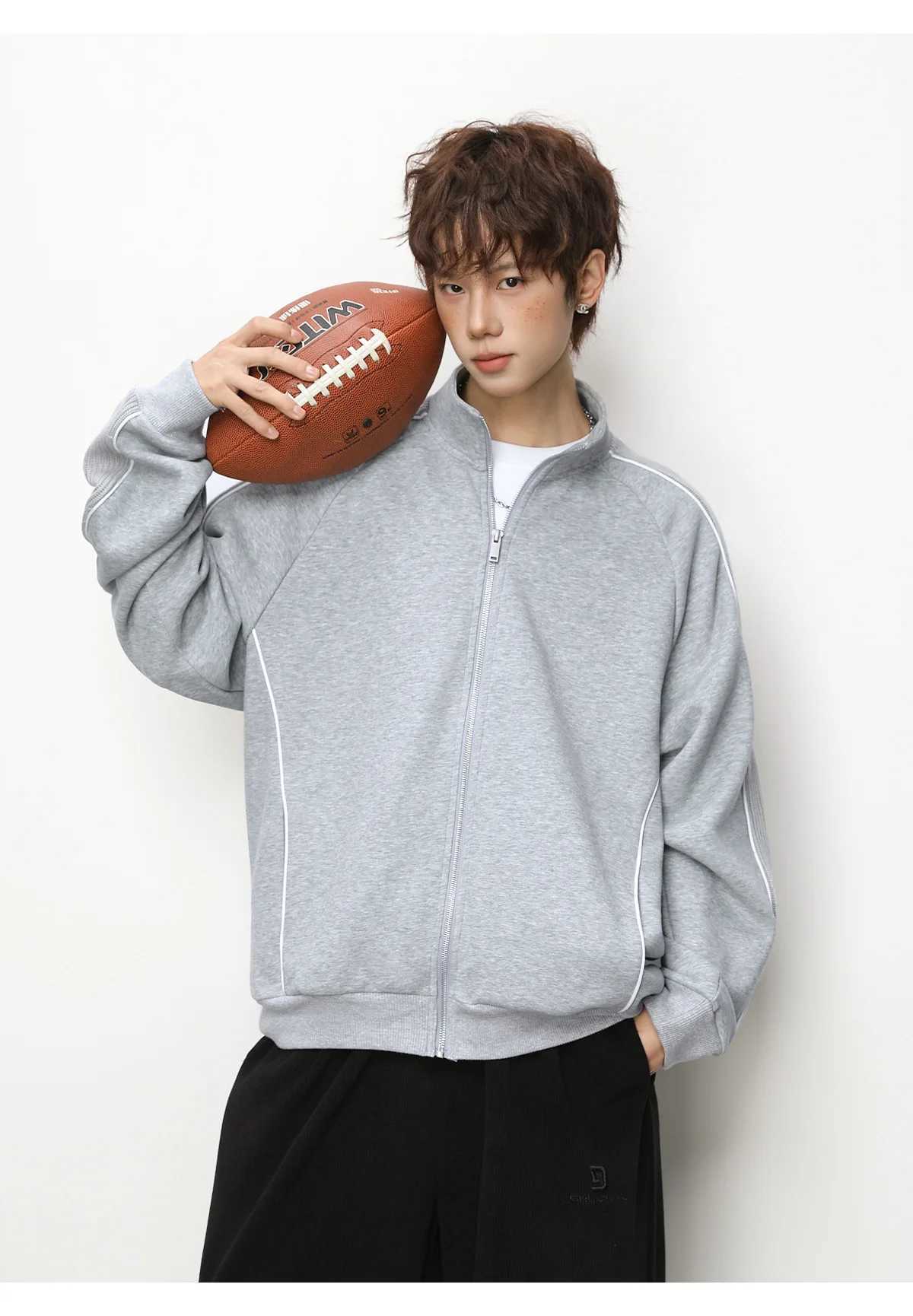 Clashing Colour Patchwork Cardigan Hoodie Mens Stand Collar Jacket Zip-Up Casual Outerwear Soft and Versatile M260312