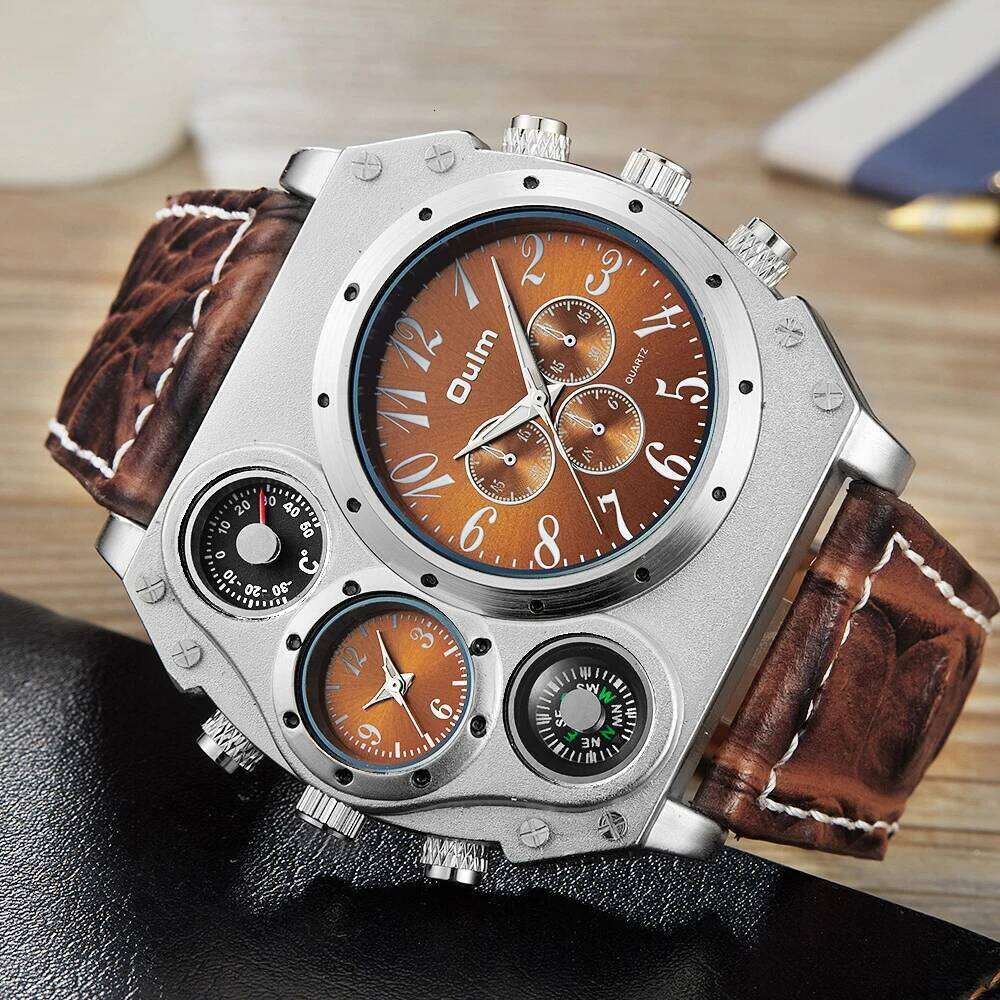 Oulm Fashion Casual Night Light Dual Time Zone Large Dial Leather Strap Men's Quartz Watch reloj hombre