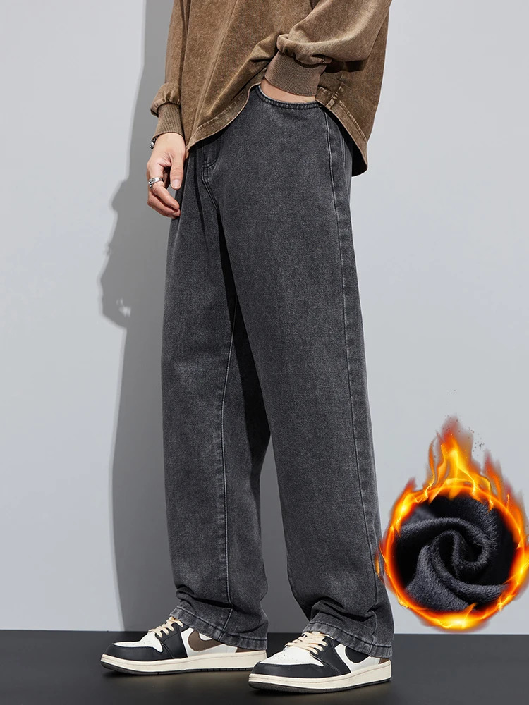 Winter Fleece Jeans Mens Loose Wide Leg Gray Classic Denim Pants Warm Fashion Streetwear Korean Straight Casual Plush Trousers 260228