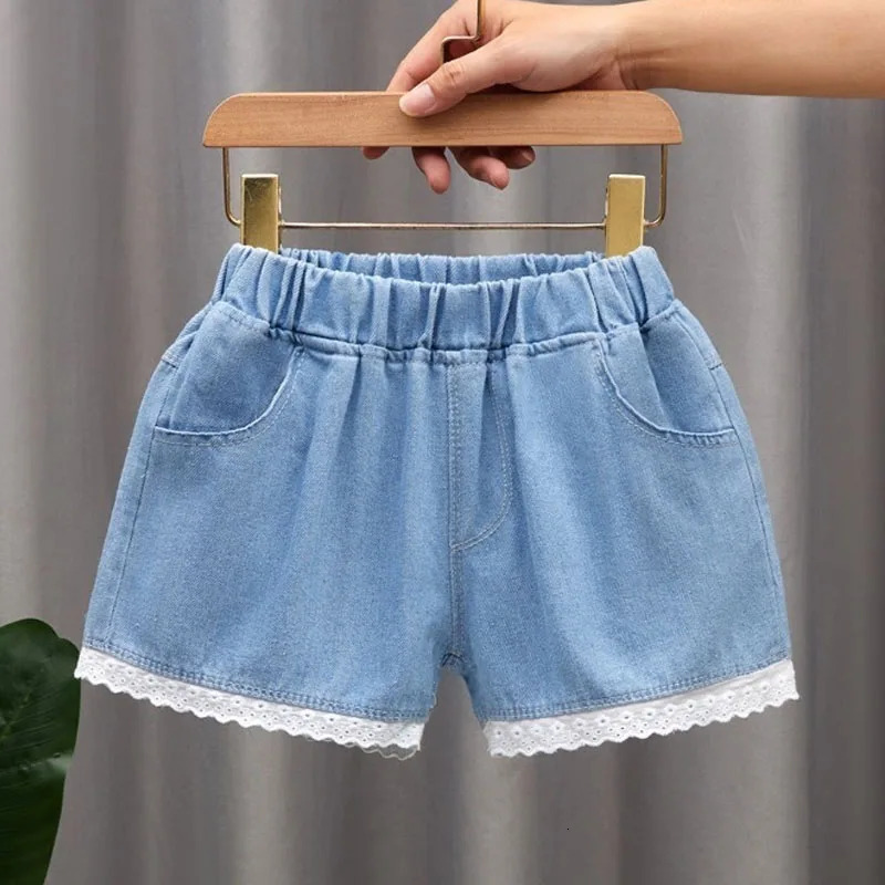 Summer Girls Lace Denim Shorts Korean Fashion Toddler Bow Ribbon Love Hearts Print Casual Versatile Children Clothing 260311