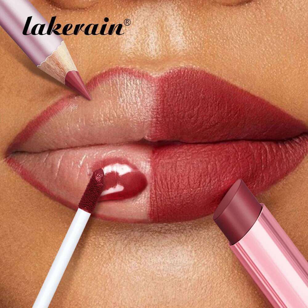 Lakerain 3pcs Makeup Mirror Effect Smooth High Color Rendering Long Lasting Hydration Liner Lip Gloss Lipstick Set W260311