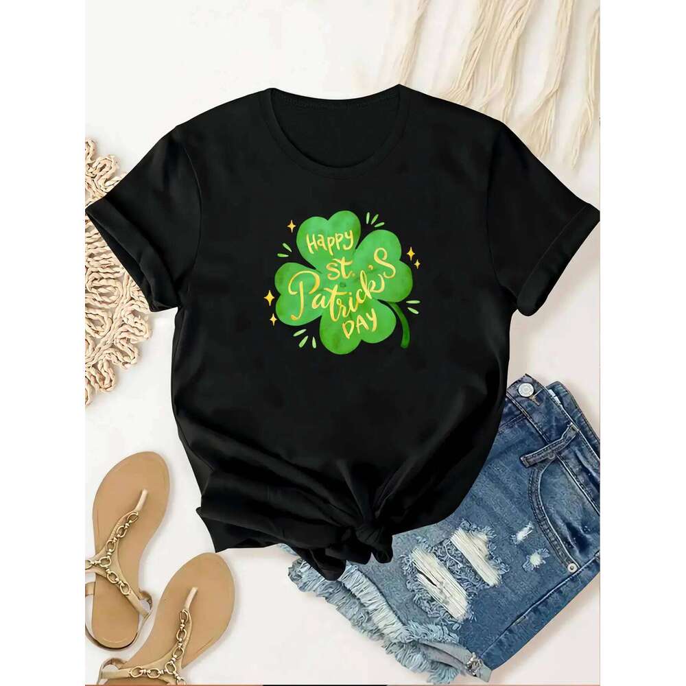 Women's Plus Size St. Patrick's Day Print Casual Stretch T-Shirt Green Round Neck Top for Everyday Wear Z260312