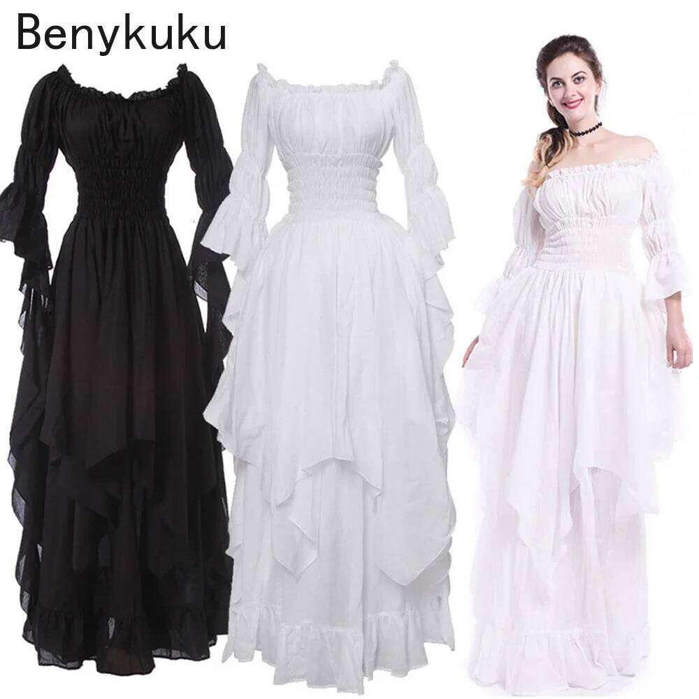 White Victorian Medieval Renaissance Long Dress Plus Size Women Cosplay Halloween Costume Princess Gown Vintage Gothic Dresses C260311