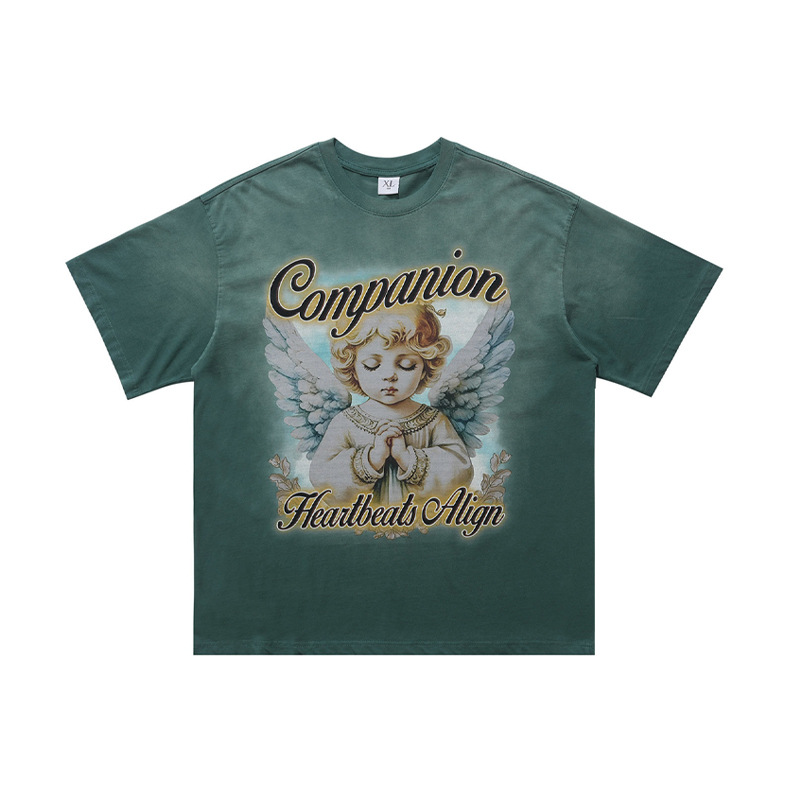 American streetwear brand distressed washed English prayer-themed angel child print T-shirt