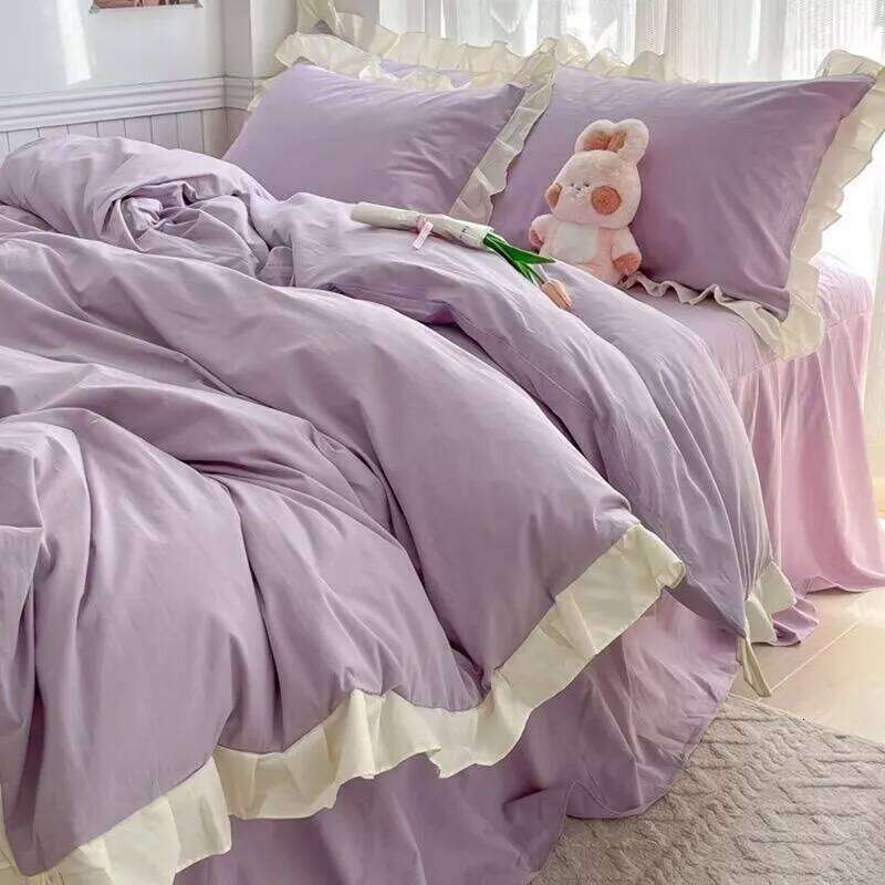 Princess Style Bedding 2025 Ruffle Lace Quilt Romantic Pink Bed Sheet Sets Woman Girls Bedroom Duvet Cover Set 4pcs H260312