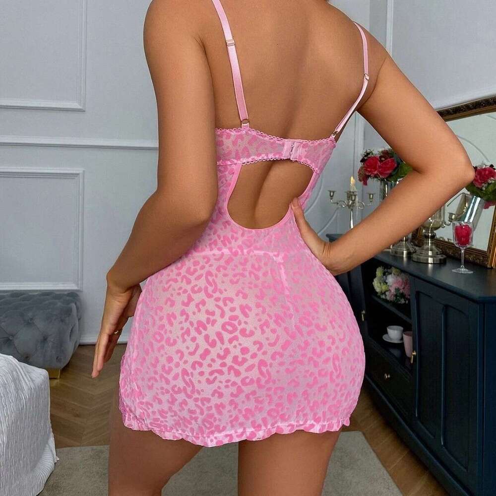 Women Sheer Leopard Print Bodysuit Dress with Deep V-Neck and Side Slit Sexy Transparent Nightwear for Party, Date, or Romantic Wear