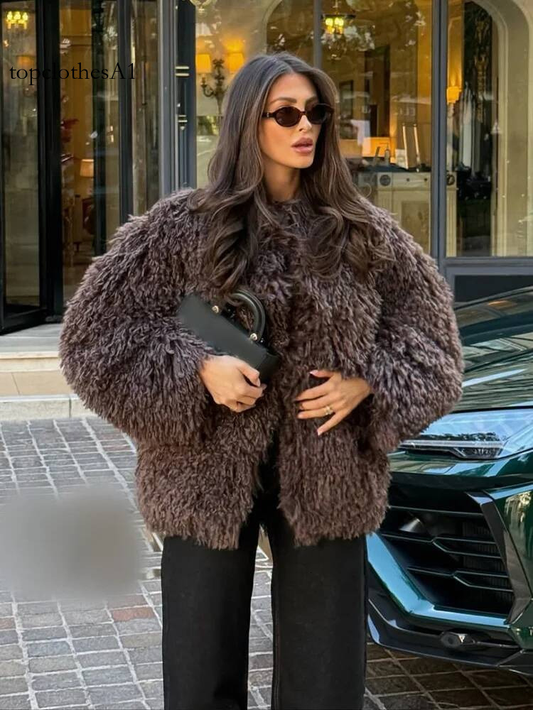 HH Women Fashion Long Sleeve Warm Faux Fur Effect Short Jacket Female Solid O-Neck Hidden Buckle Casual Chic Outwear