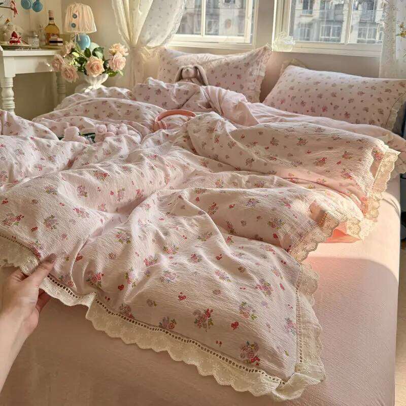 Korean Girly Heart Floral Double Layer Gauze Four-Piece Set Princess Style Lace Trim Quilt Cover Bed Sheet Dormitory H260312