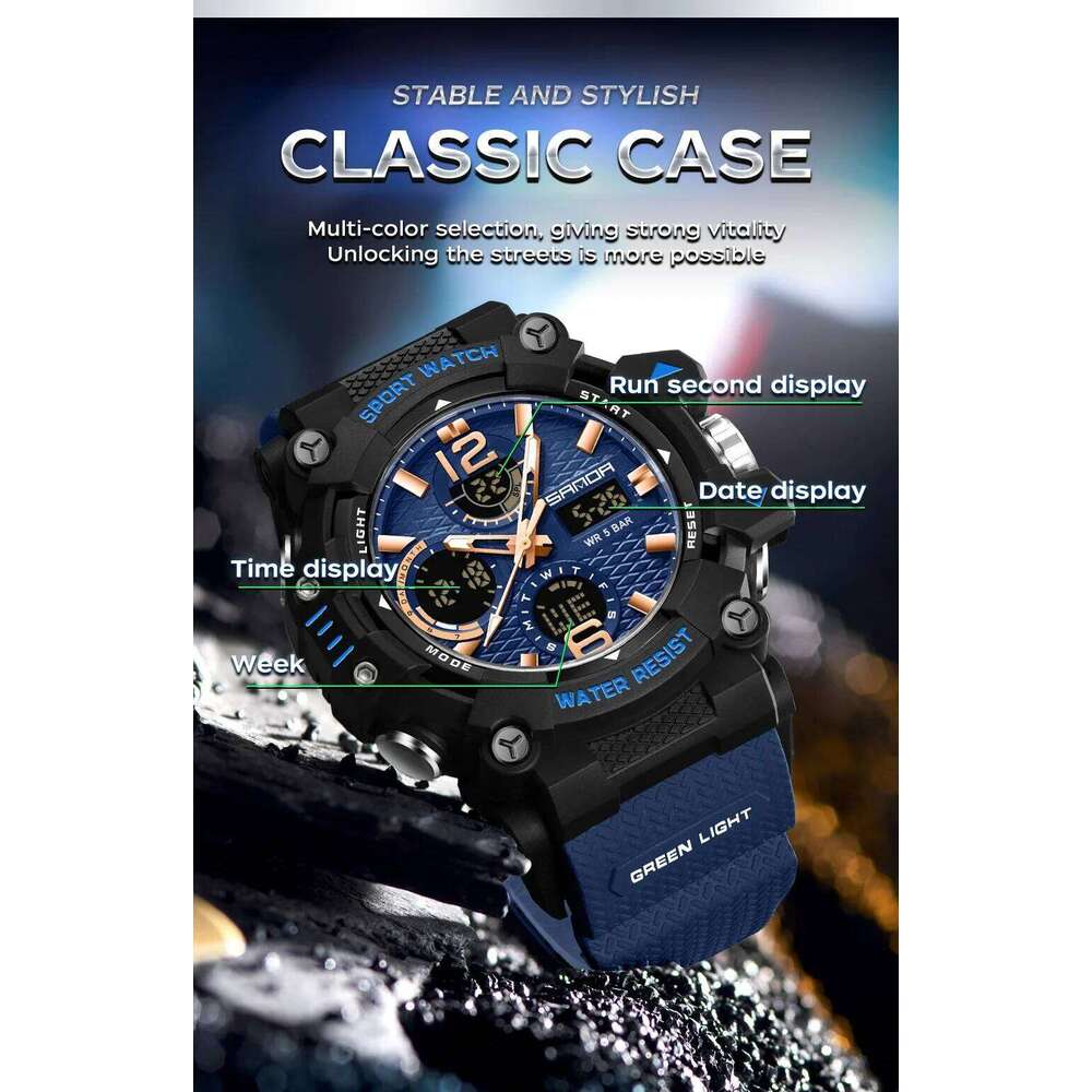 SANDA New 6276 Luxury Sports Multifunctional Waterproof LED timing Fashion Men's Electronic Watch Alarm C