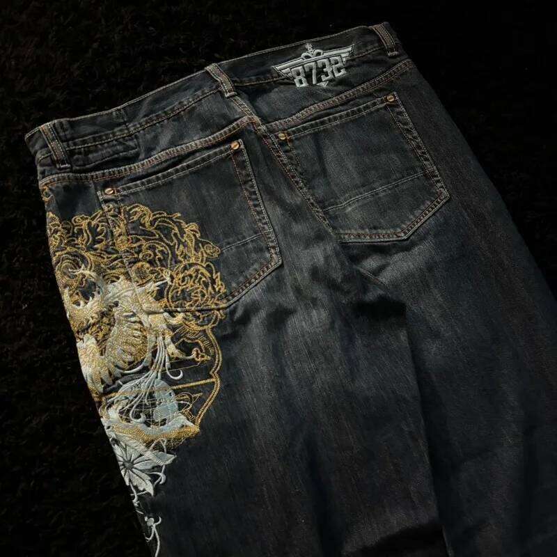 American New Fashion Oversize Pattern Embroidered Baggy Jeans Men Y2K Gothic Harajuku Hip Hop Straight High Waist Wide Leg Pants 26Y0312