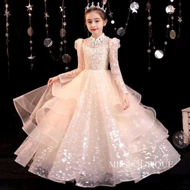 White Simple Lovely Flower Girls Dresses Jewel Long Sleeves With Applique Back Zipper Birthday Custom Made Formal Party Pageant Gowns For Kids 403 B03