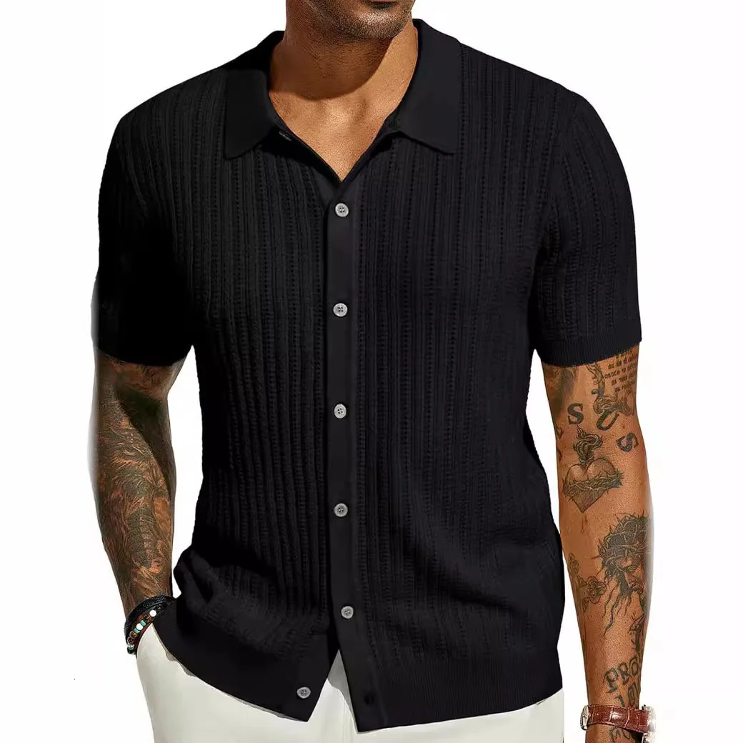 Summer Mens Casual Shirt Breathable Hollow Out Knit Shirt Short Sleeve Lapel Lightweight Top for Men European American Loose 260311